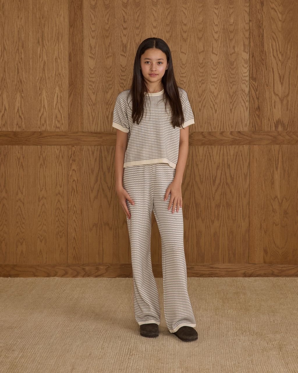 Rylee + Cru Teen's Boxy Crop Knit Tee Dusty Blue Stripe