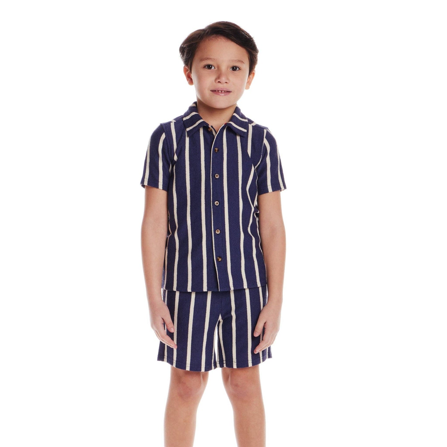 Andy & Evan - Kids Textured Terry Shirt & Short Set | Navy Stripe