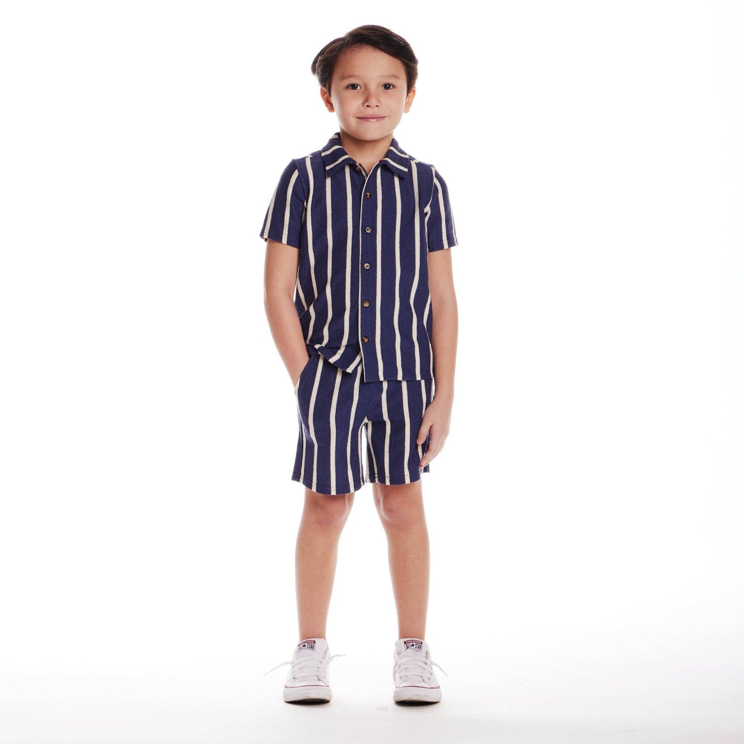 Andy & Evan - Kids Textured Terry Shirt & Short Set | Navy Stripe