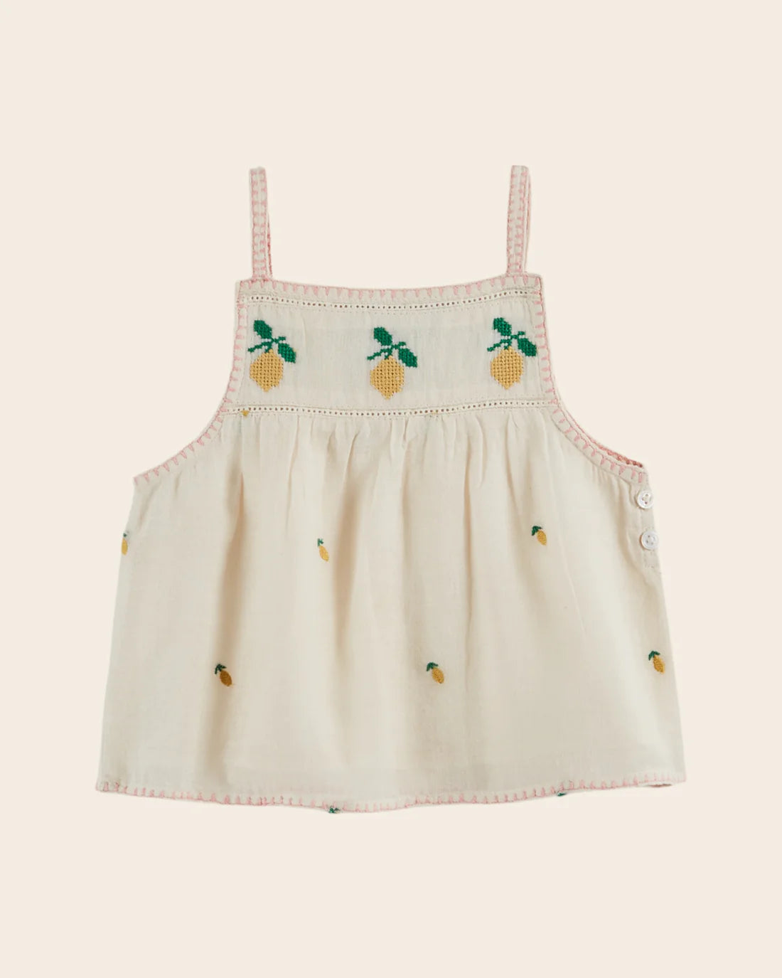 Emile & Ida Lemons Embroidered Strap Top Creme