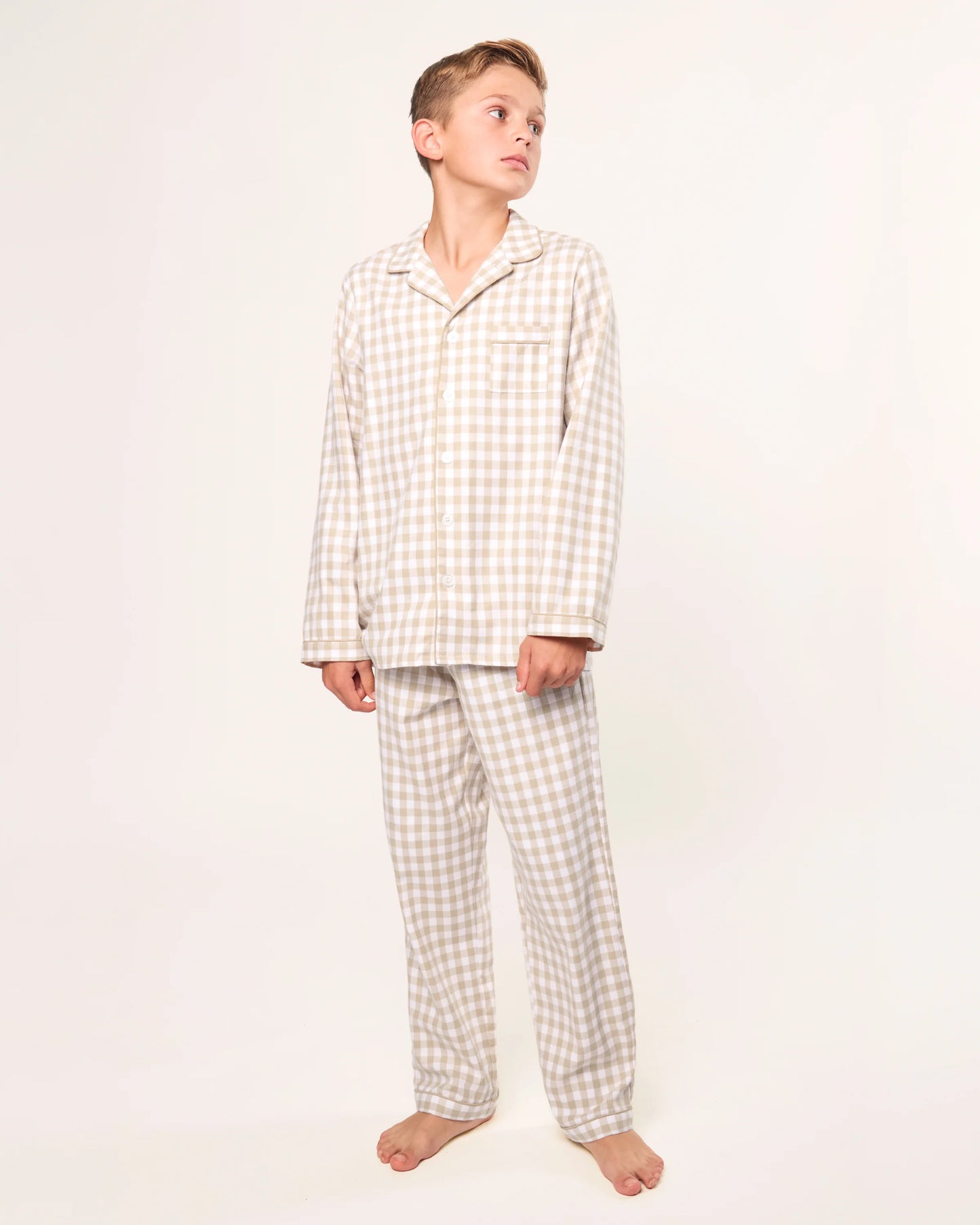 Petite Plume Kid's Twill Pajama Set in Camel Gingham