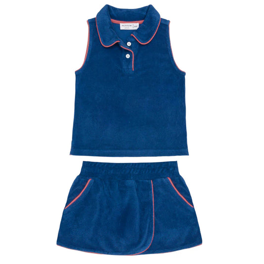 Minnow Girls New Navy French Terry Tennis Polo Tank And Skort Set