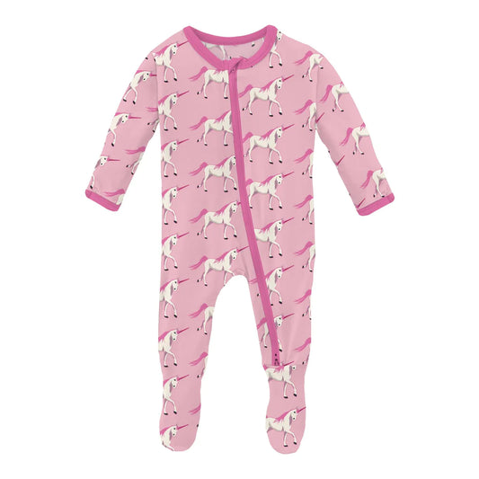 Kickee Pants Print Footie with 2 Way Zipper in Cake Pop Prancing Unicorn
