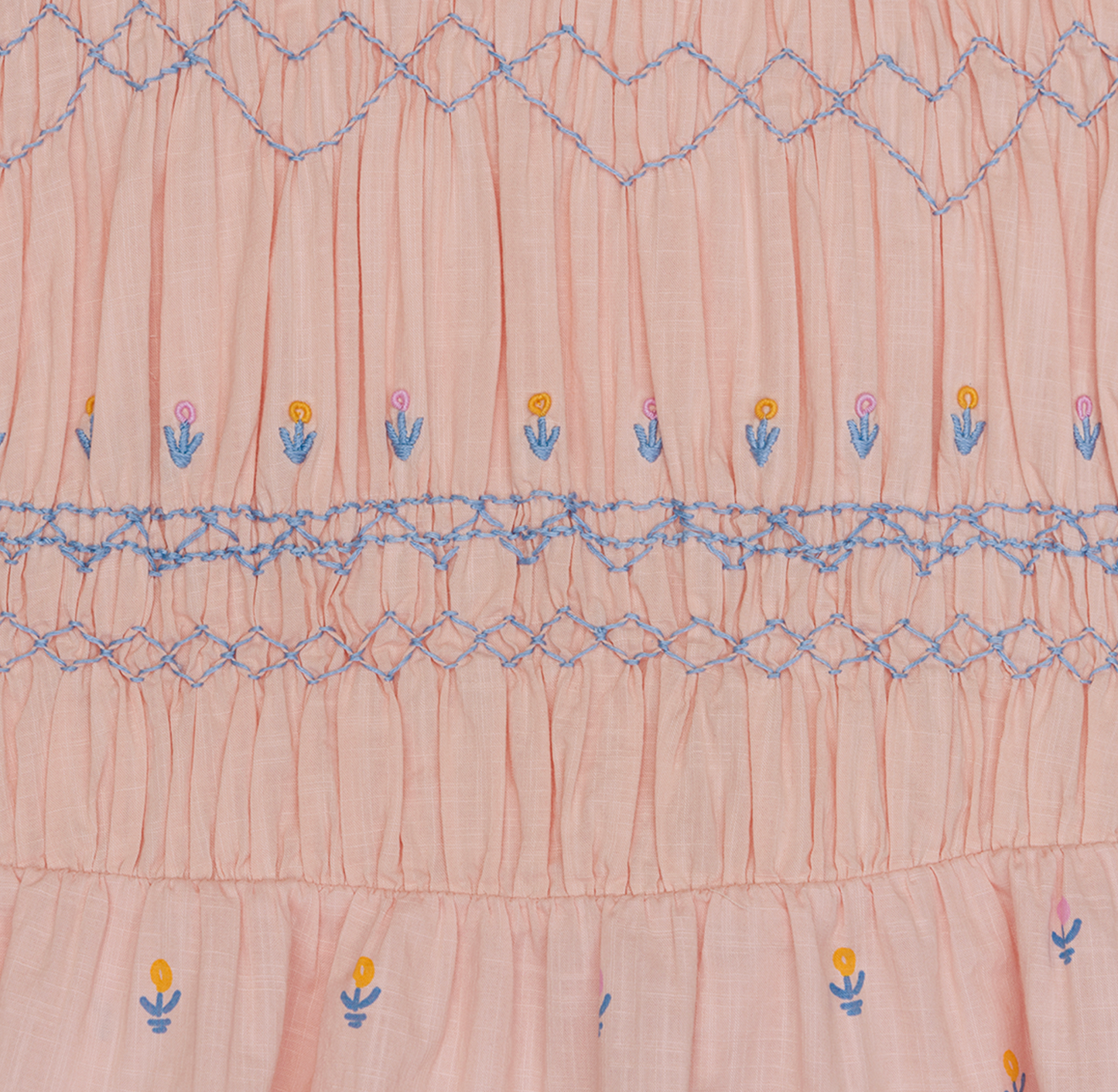 Stella McCartney Kids Girl LS Canvas Dress With Flowers and Smocking Pink