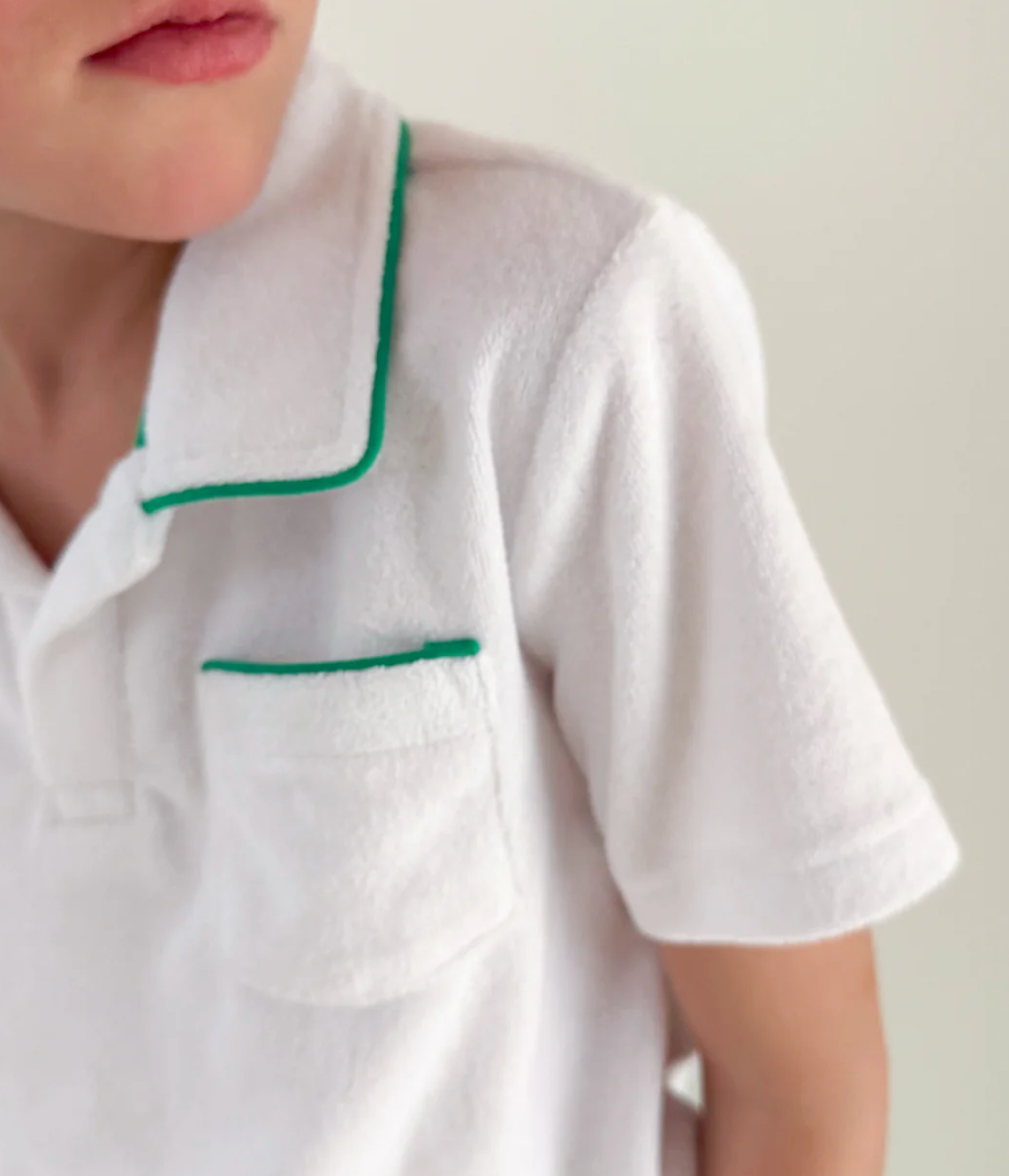 Minnow Unisex White French Terry Polo With Deep Mint Trim