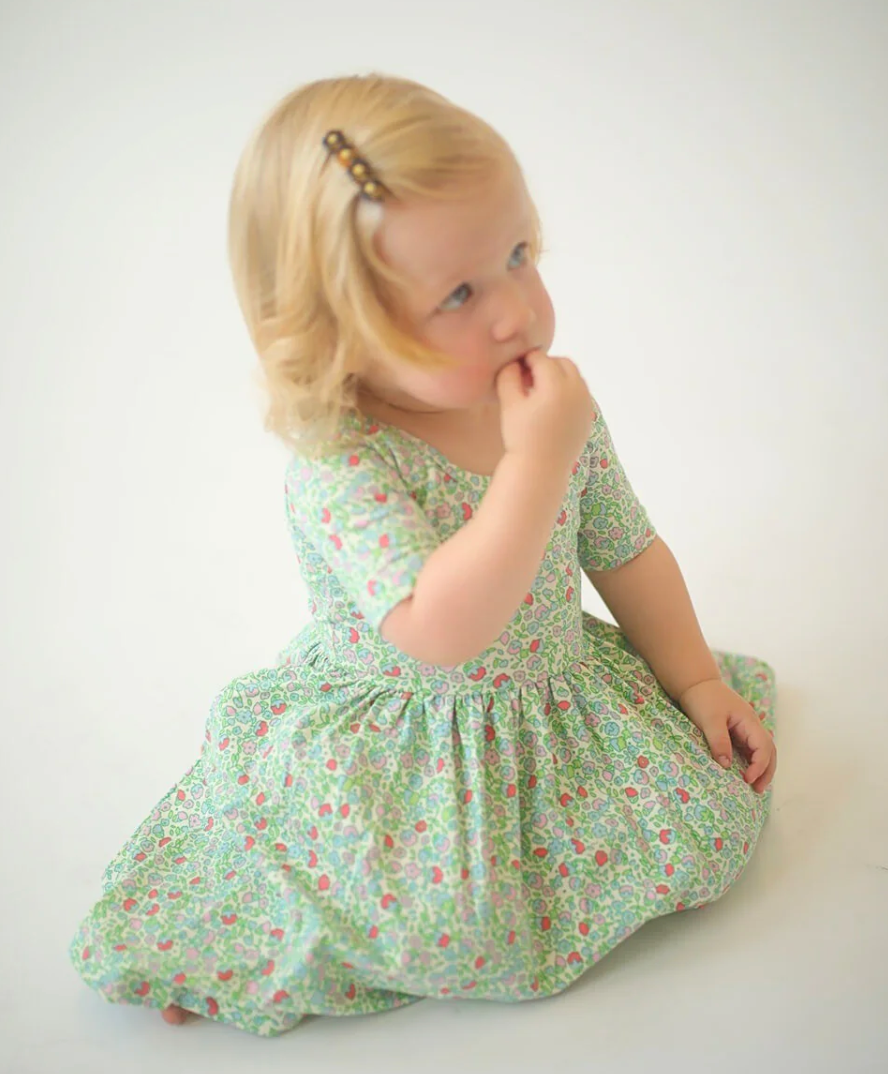 Good Apples Kids Short Sleeve Twirl Dress in Spring Green Floral