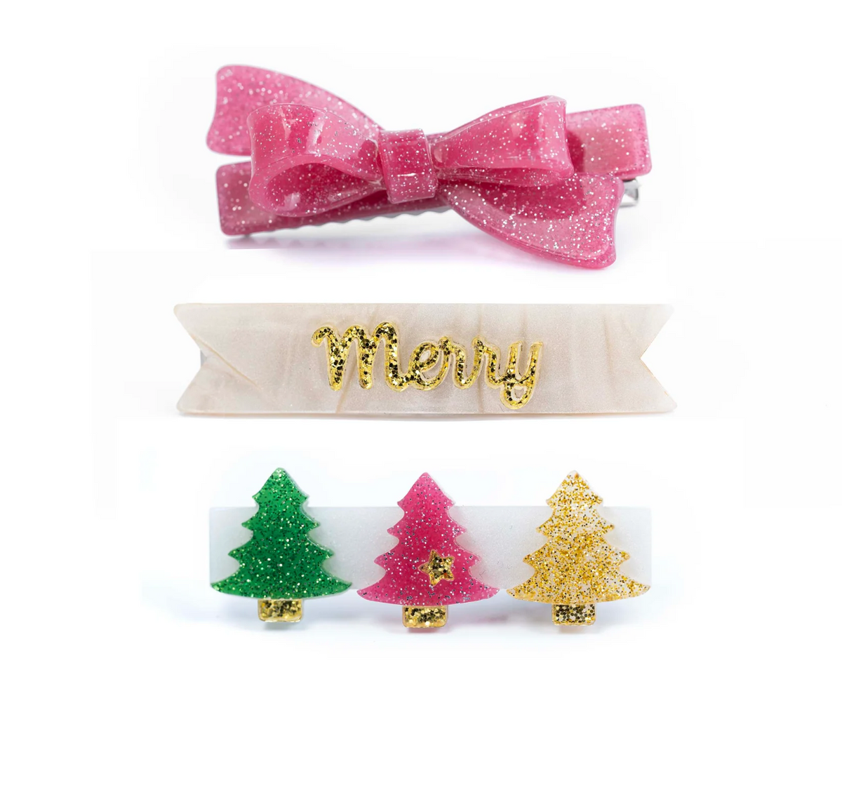 Lilies and Roses Merry Trees Vintage Glitter Bow Hair Clips