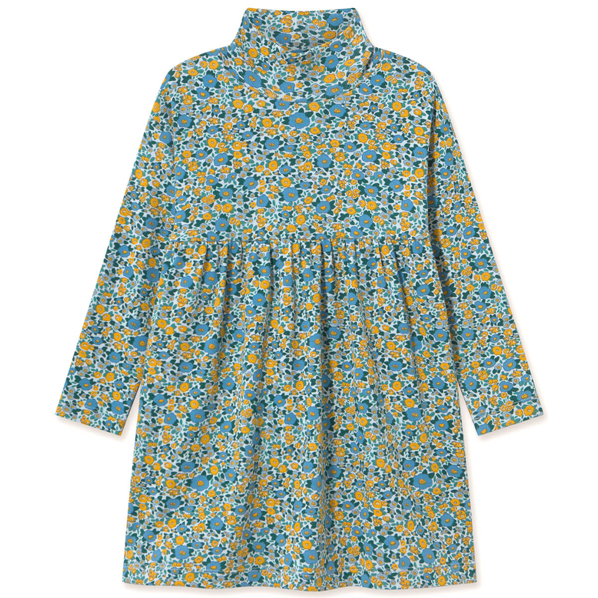 Tiny Cottons Flower Pattern Rib Mockneck Dress Washed Blue