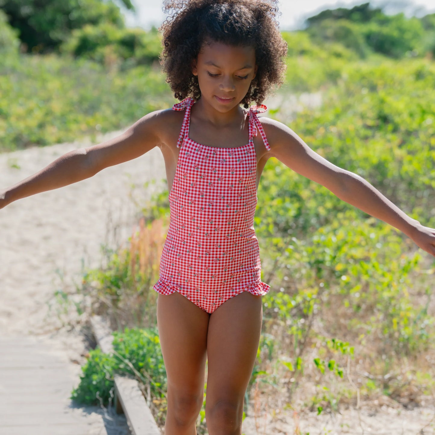 minnow girls cranberry gingham one piece