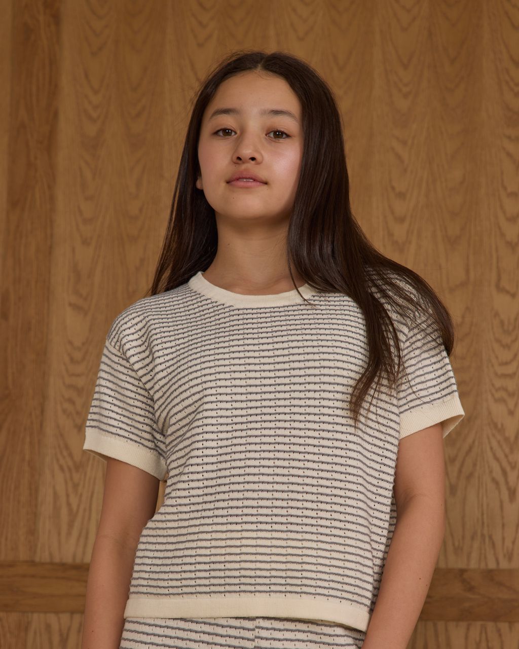 Rylee + Cru Teen's Boxy Crop Knit Tee Dusty Blue Stripe