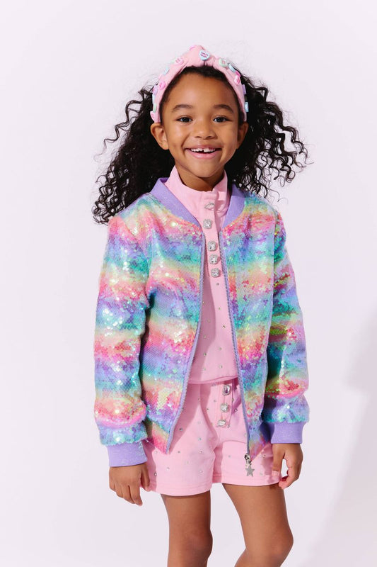 Lola and the Boys Rainbow Sequin Stripe Bomber