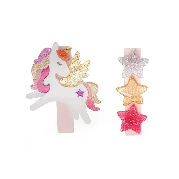 Lilies & Roses Unicorn Winged Coral Stars Glitter Hair Clips