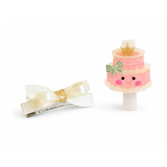 Lilies & Roses Party Cake & Satin White Bow Hair Clips