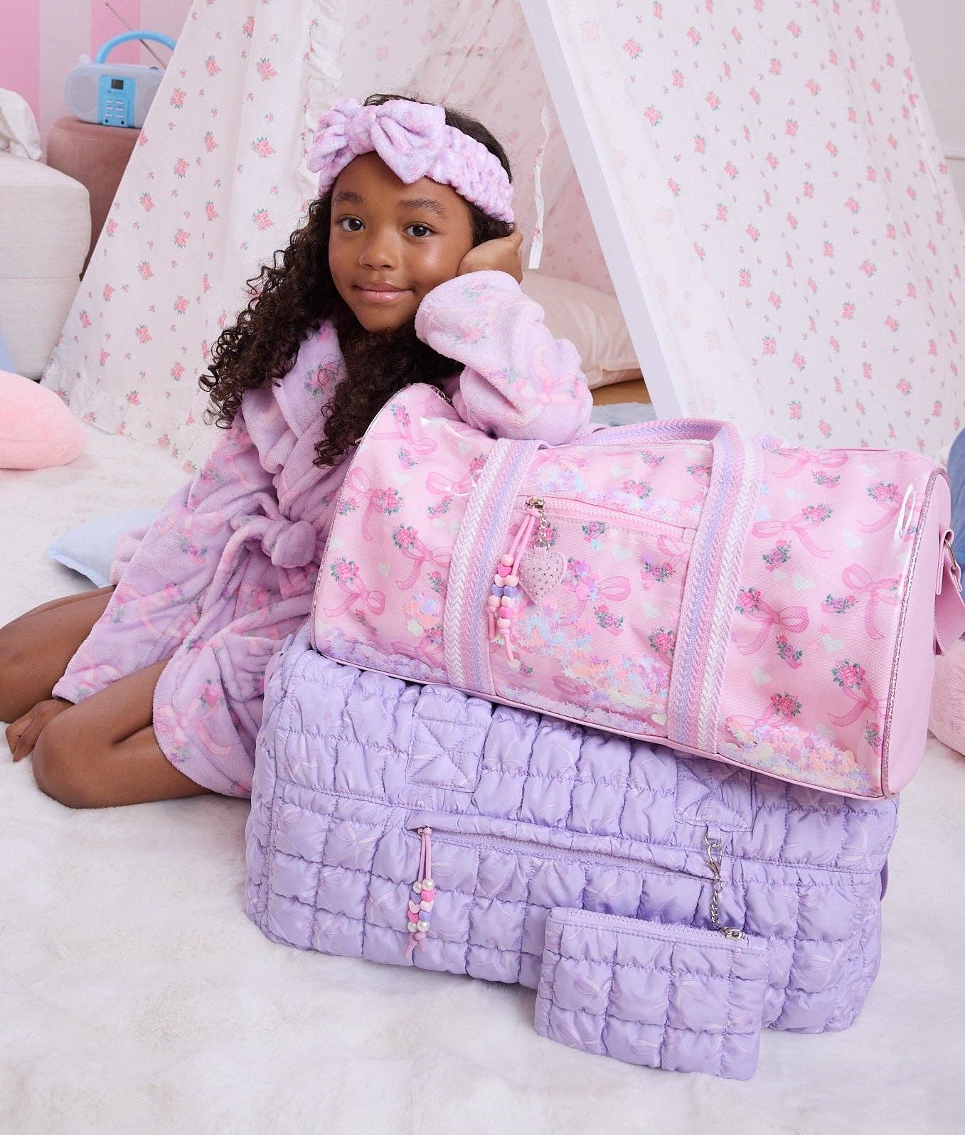 OMG Accessories - Quilted Scrunchies Bow Printed Large Duffle Bag with Coin Purse