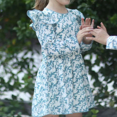 Dear Georgie Capers Dress - Long Sleeves - Large Leaves Blue