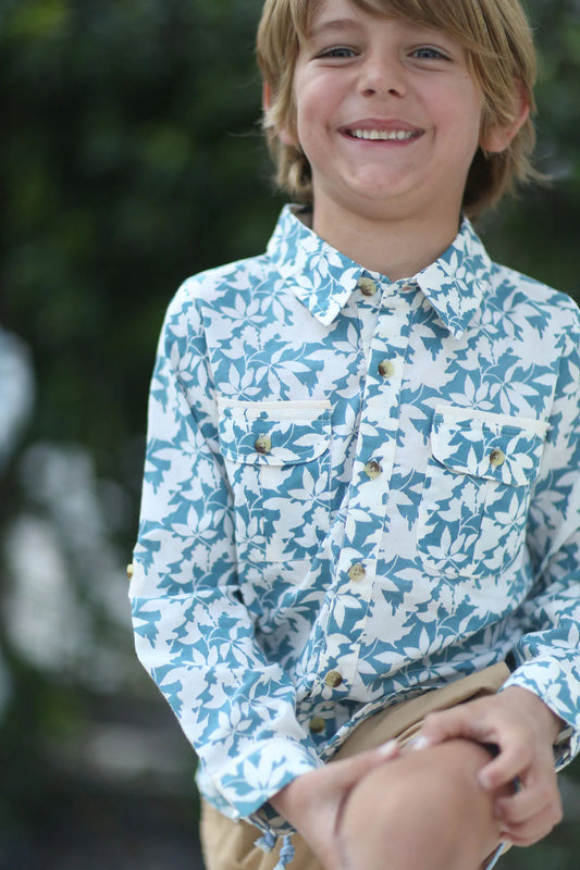 Dear Georgie - Long Sleeve Sea Shirt - Large Blue Leaves