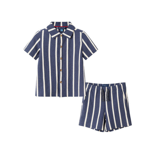 Andy & Evan - Kids Textured Terry Shirt & Short Set | Navy Stripe