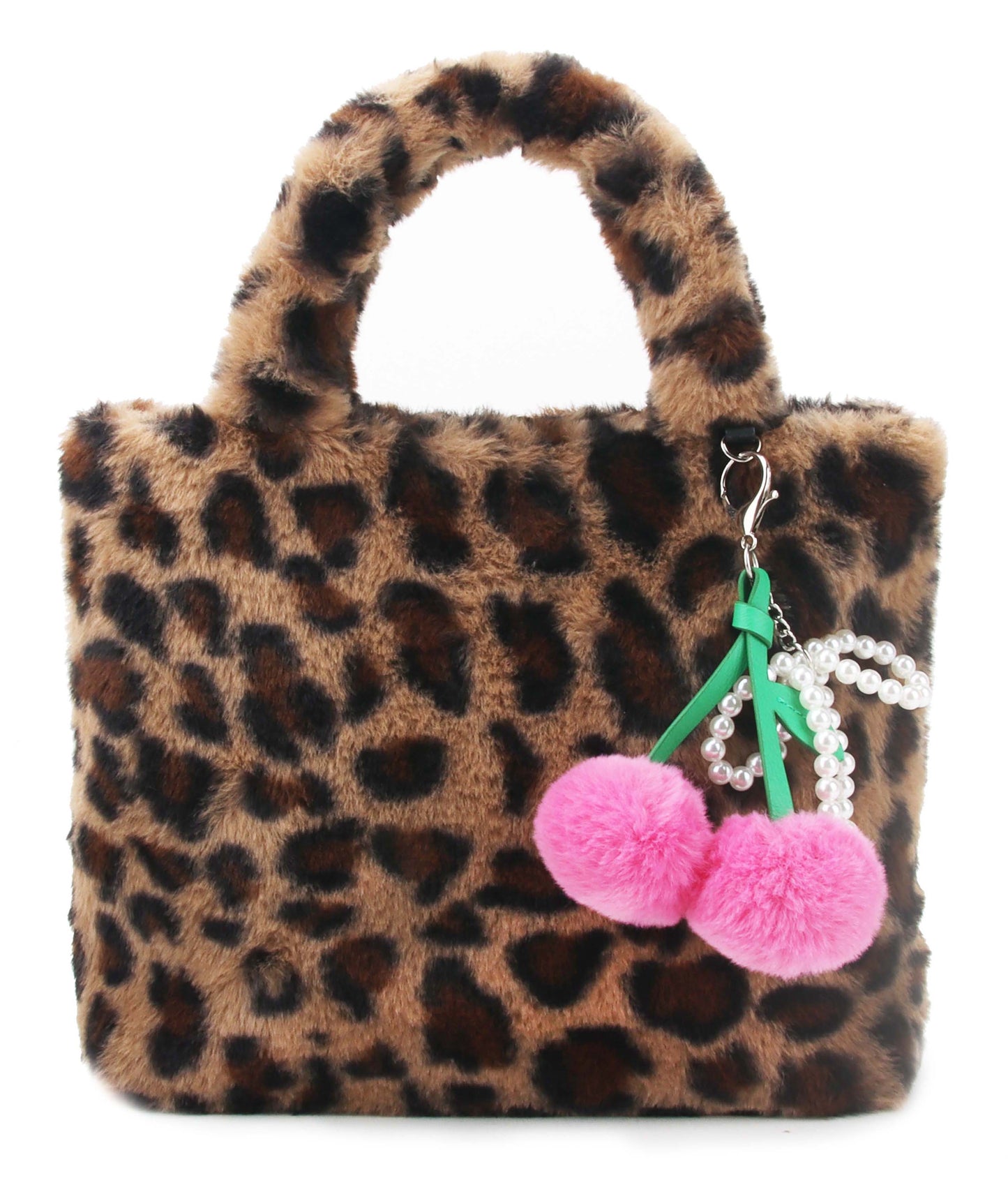 OMG Accessories - Leopard Plush Mini Tote with Cherry Bag Charm