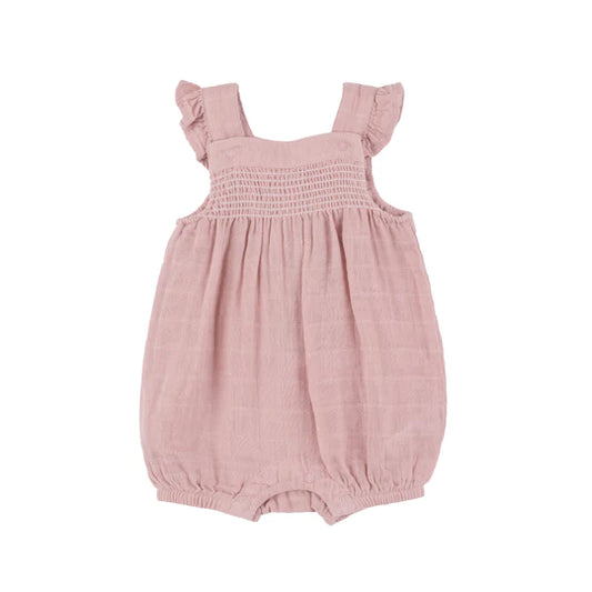 Angel Dear Dusty Pink Solid Muslin Smocked Front Overall Shortie