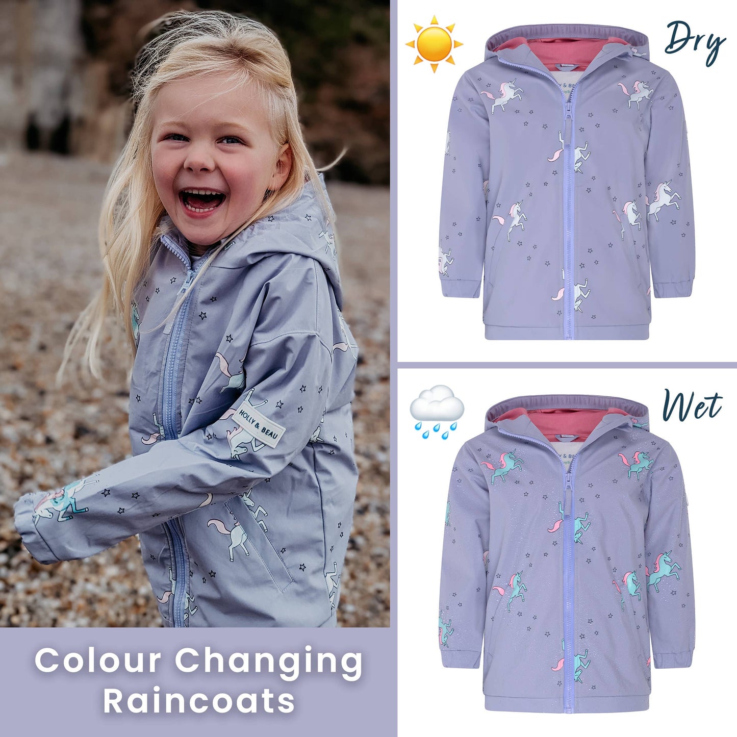 Holly and Beau - Unicorn color changing rain jacket