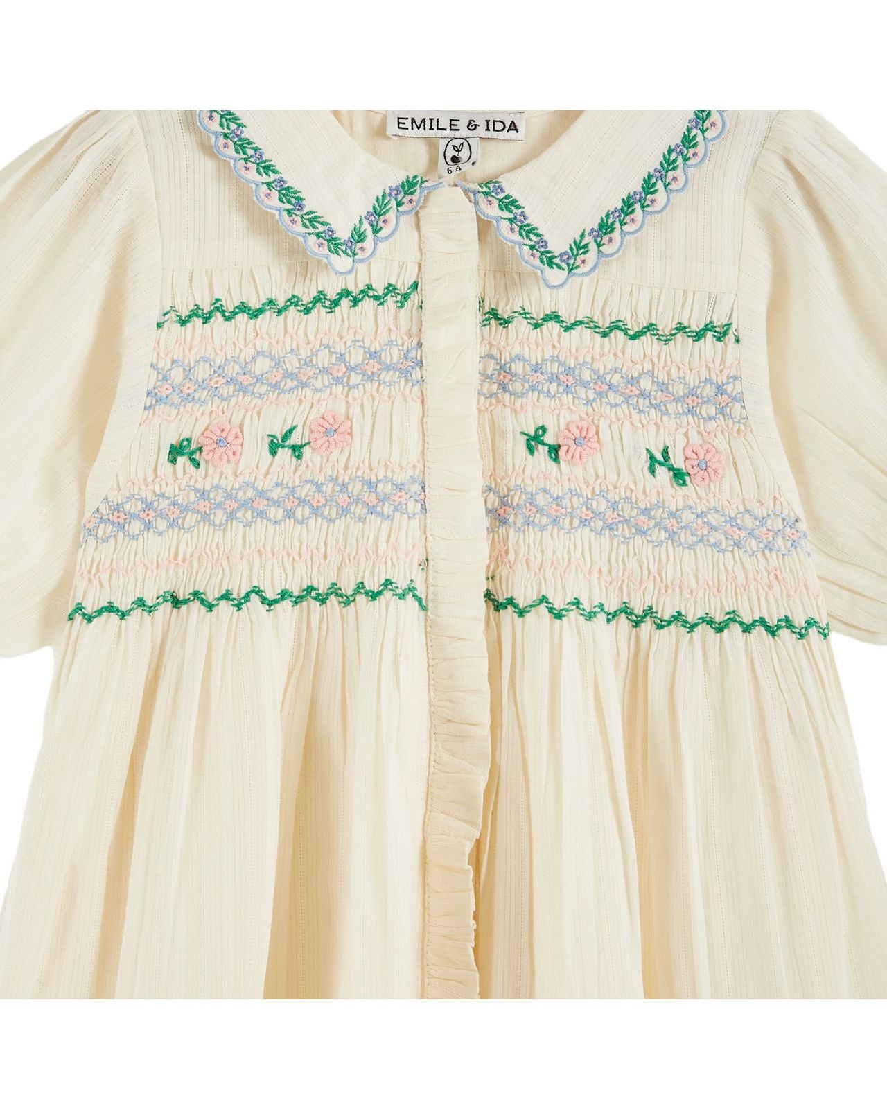 Emile et Ida Hand Embroidered Dress Ecru