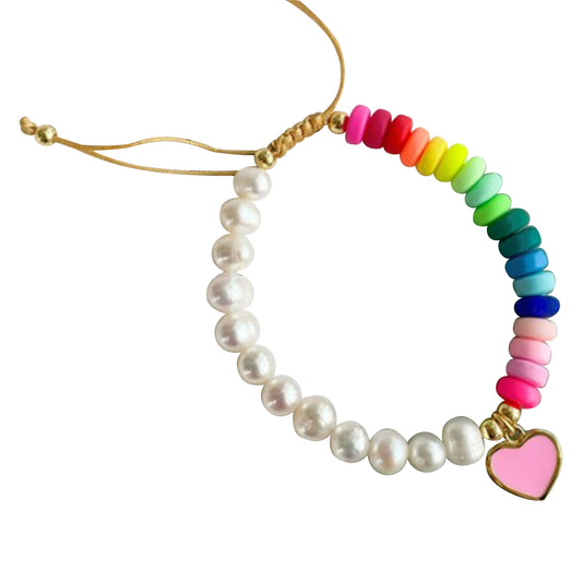 Malibu Sugar - Pearl & Rainbow Beaded Bracelet w/ Heart Charm