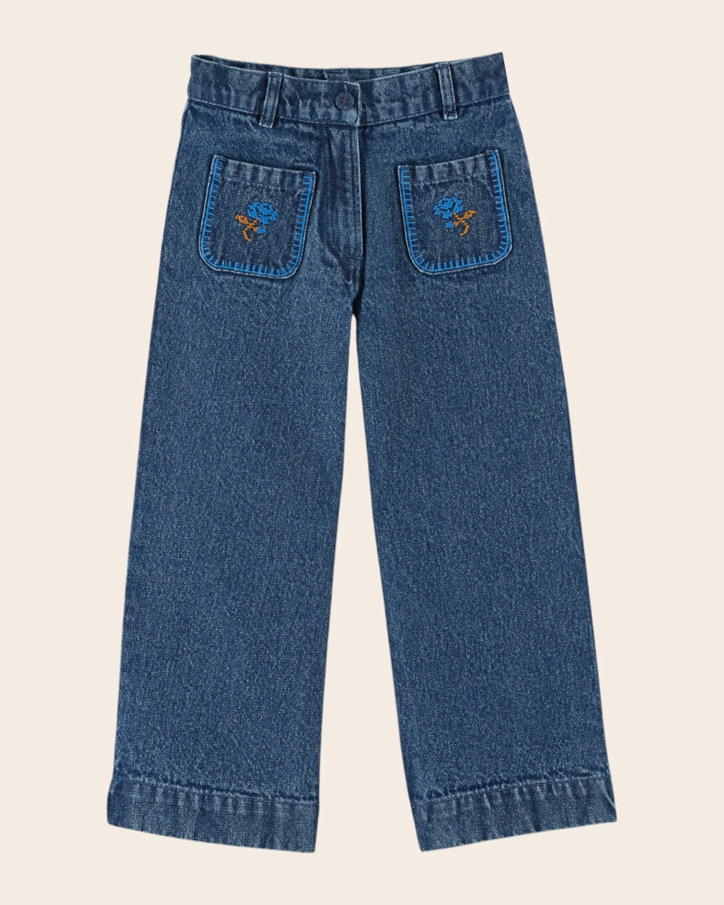 Emile Et Ida Blue Cross-Stitch Denim Pants