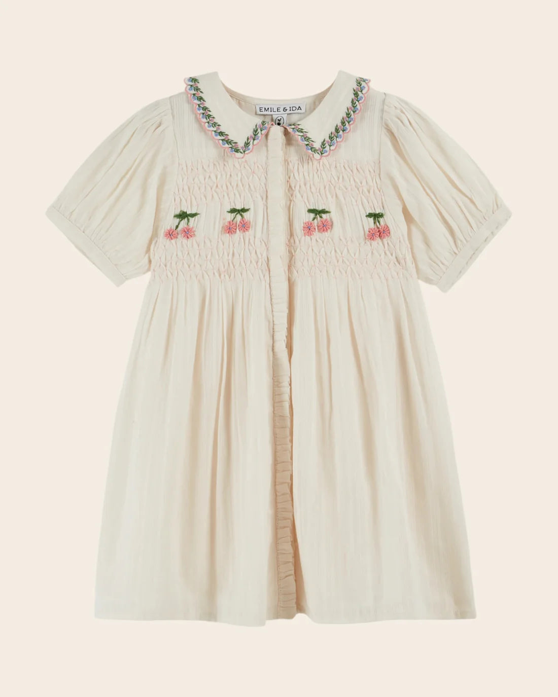 Emile & Ida Smocked Hand Embroidered Dress Creme