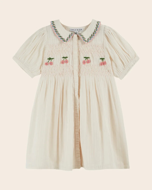 Emile & Ida Smocked Hand Embroidered Dress Creme