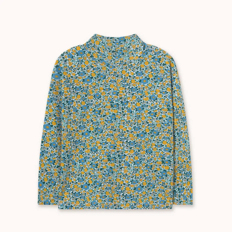 Tiny Cottons Flower Pattern Rib Mockneck Washed Blue