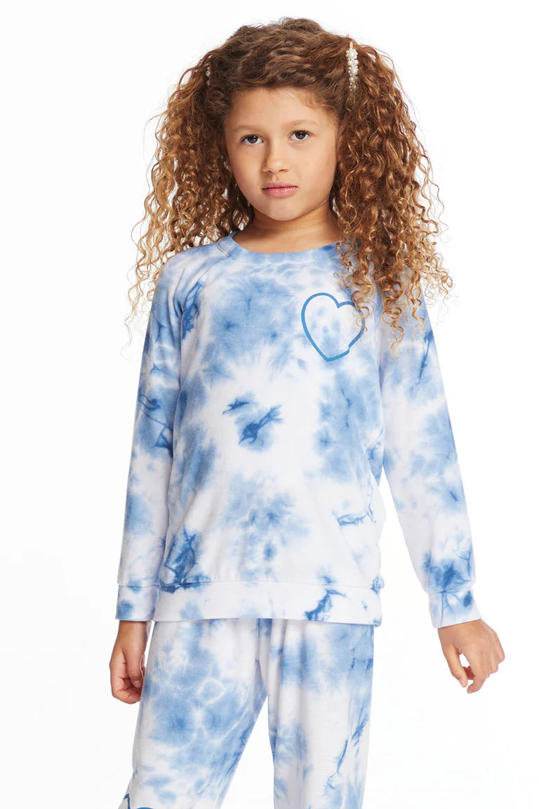 Chaser Denim Tie Dye Heart Girls Cozy Knit Raglan Pullover