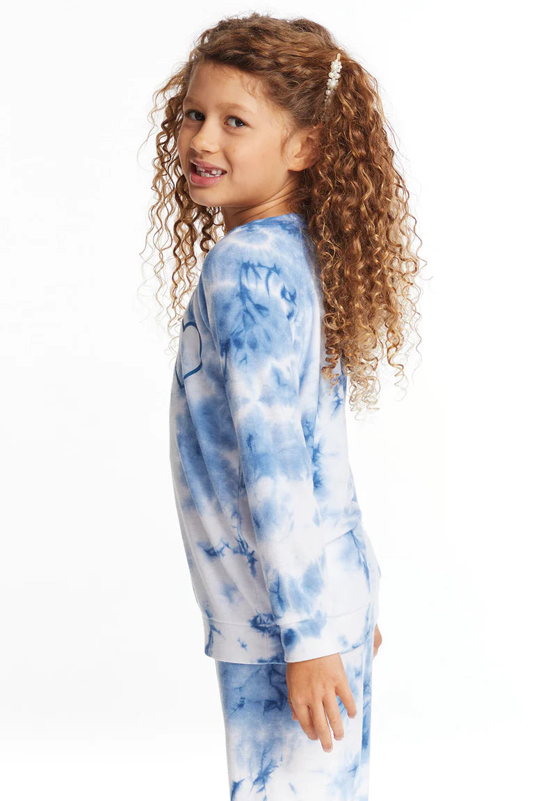 Chaser Denim Tie Dye Heart Girls Cozy Knit Raglan Pullover