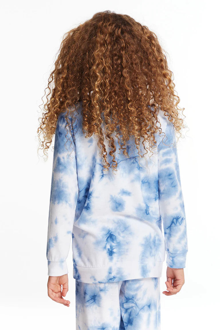 Chaser Denim Tie Dye Heart Girls Cozy Knit Raglan Pullover