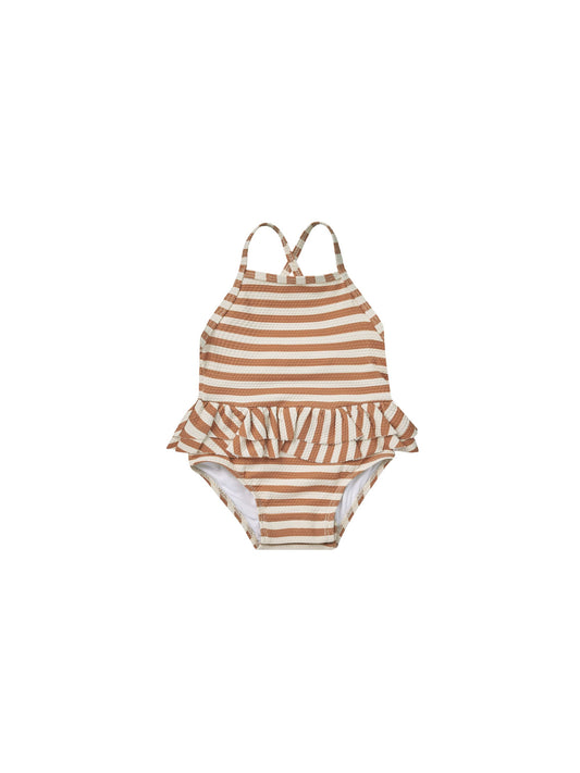 Quincy Mae Ruffled One-Piece Swimsuit in Clay Stripe