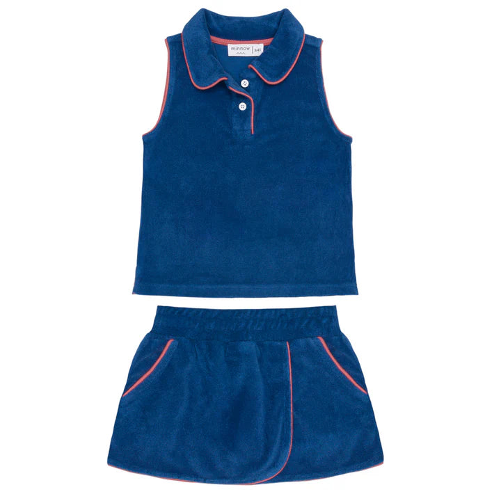 Minnow Girls New Navy French Terry Tennis Polo Tank And Skort Set