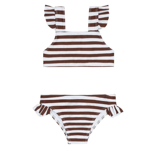 Minnow Girls Brown Stripe Ruffle Tie Back Bikini