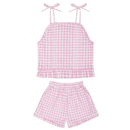 Minnow Girls Blush Gingham Tie Tank and Short Set