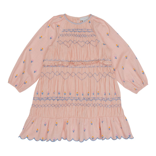 Stella McCartney Kids Girl LS Canvas Dress With Flowers and Smocking Pink