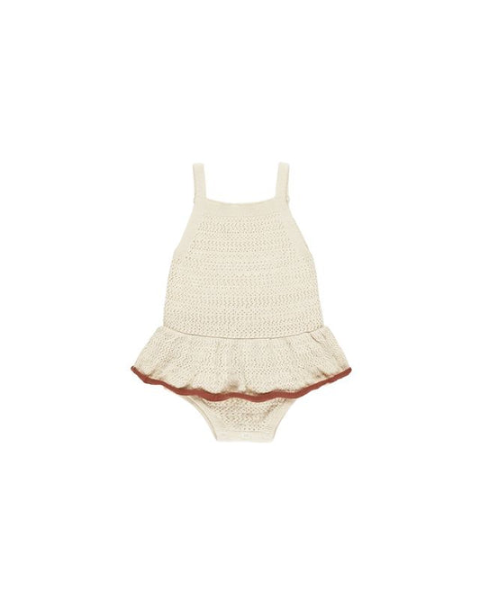 Rylee + Cru Crochet Ruffle Romper Natural