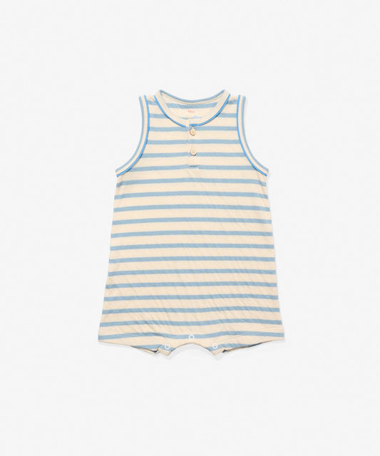 Oso and Me Lachlan Romper in Dusty Blue Stripe