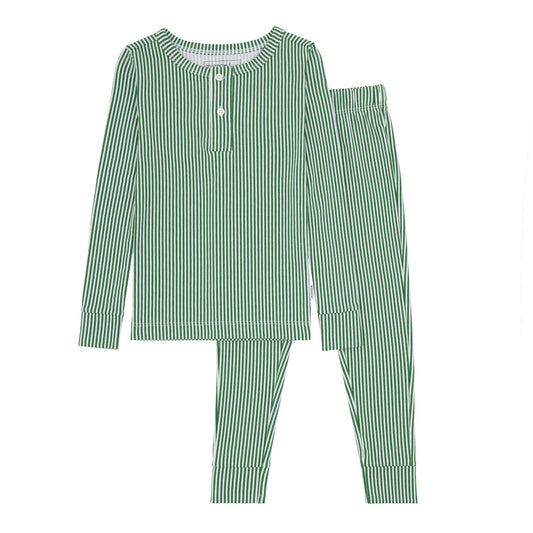 Minnow Unisex Hunter Green Stripe Henley Pima Pajamas Set