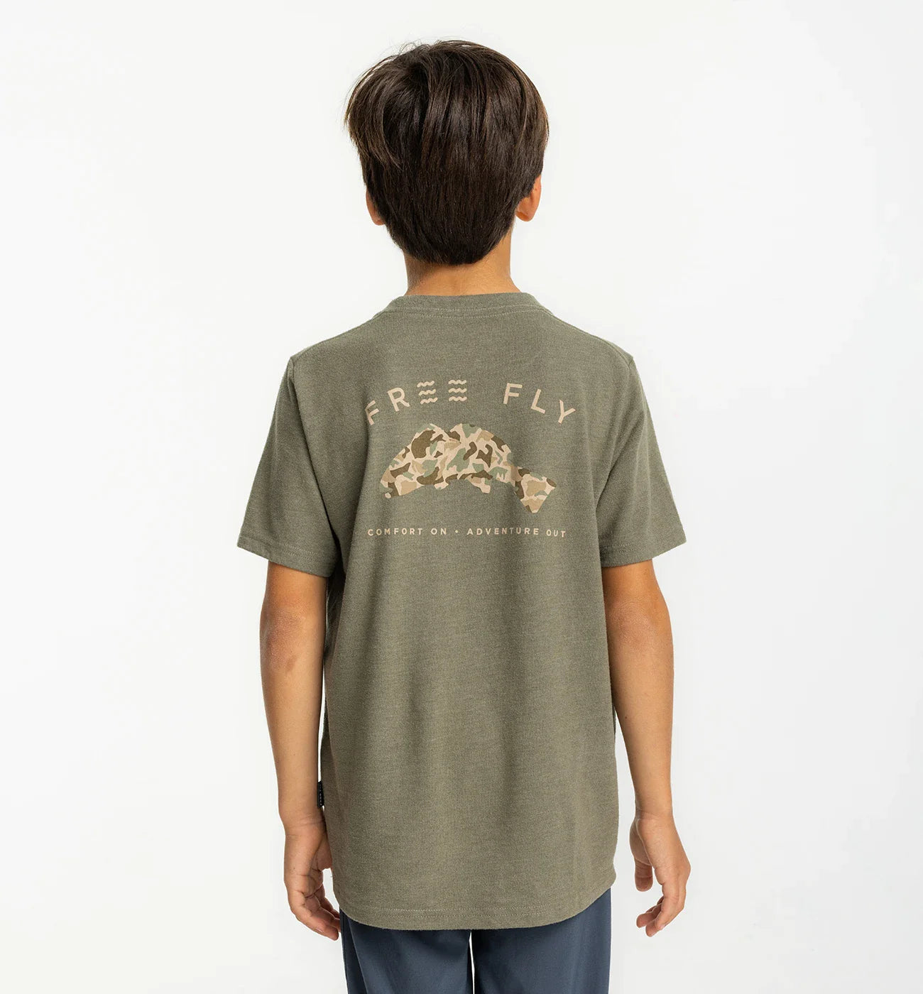 Free Fly Youth Redfish Camo Pocket Tee in in Heather Fatigue