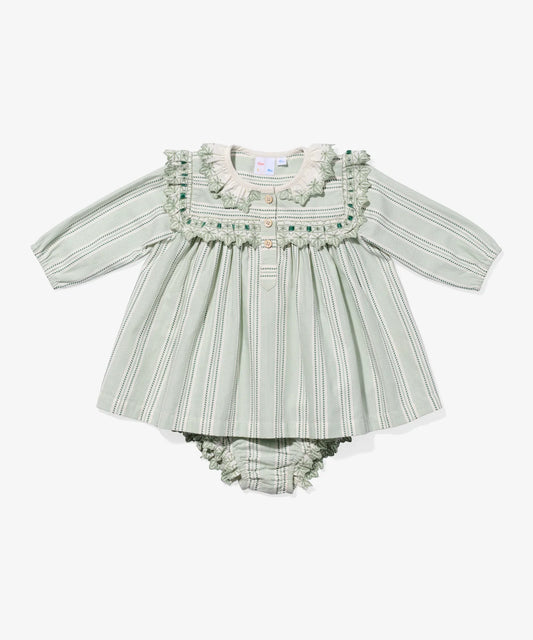 Oso & Me Sara Baby Dress- Sage Chevron Stripe