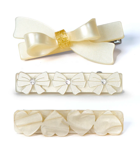 Lilies & Roses Bows and Hearts Pearl White Hair Clips