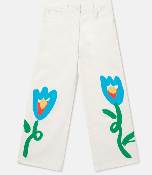 Stella McCartney Kids Girl Gabardine Pants With Flower Graphic White
