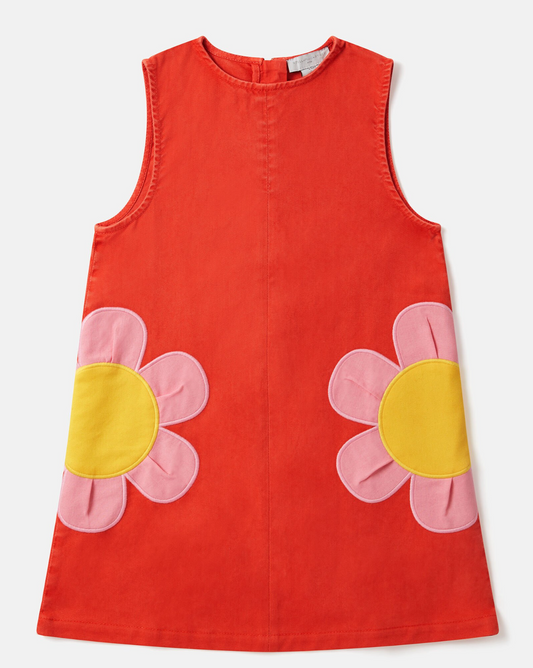 Stella McCartney Kids Girl Sleeveless Gabardine Dress With Flower Patches Orange Red