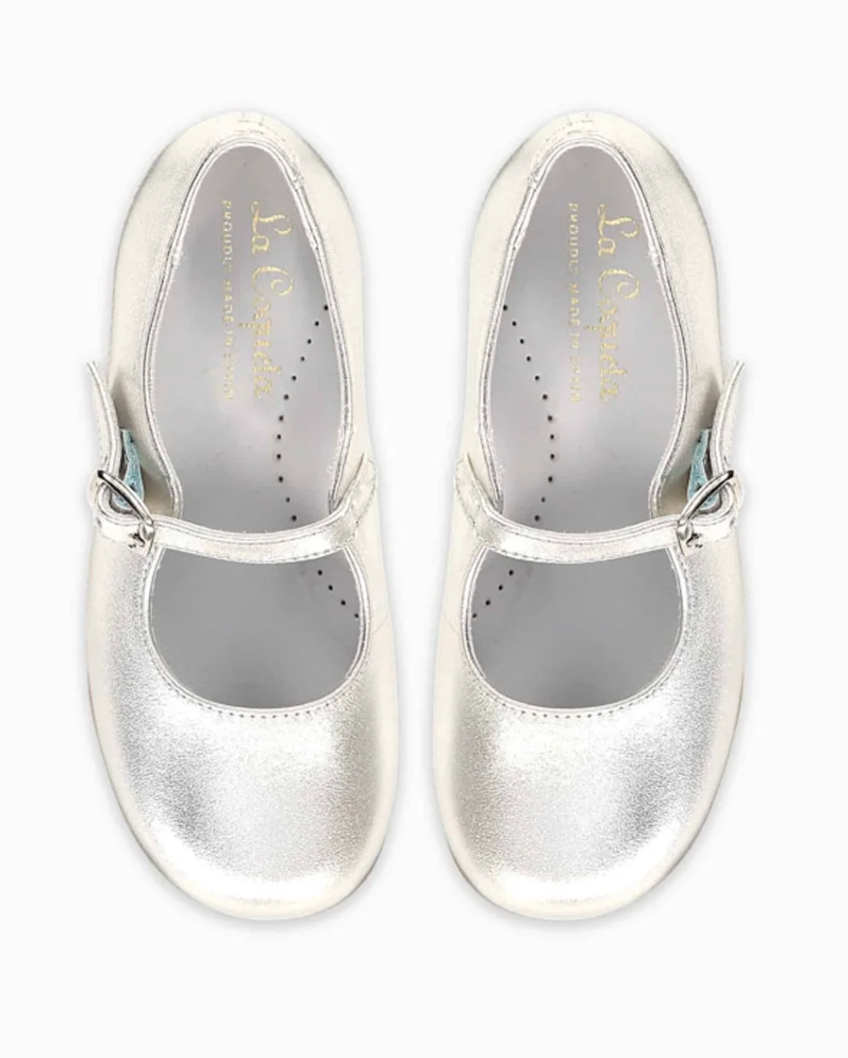 La Coqueta Girl Mary Jane Shoes- Silver Leather