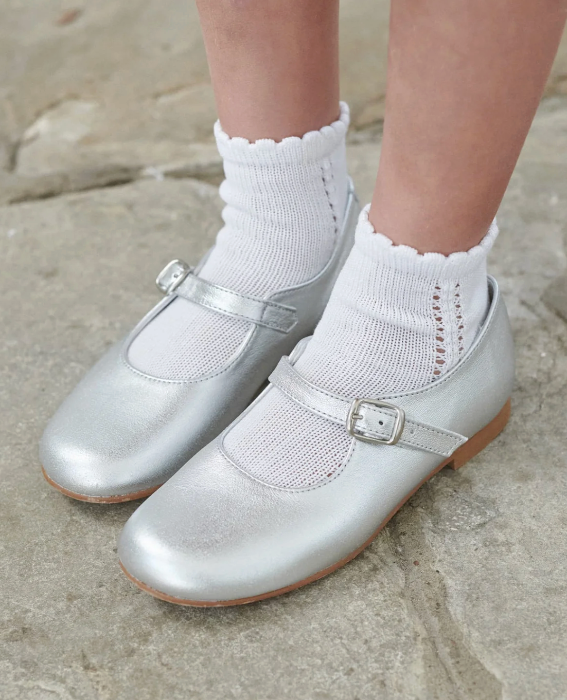 La Coqueta Girl Mary Jane Shoes- Silver Leather