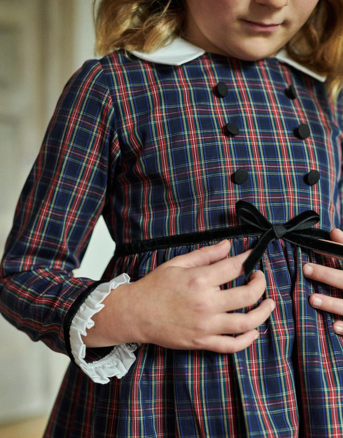La Coqueta Navy Tartan Florinda Girl Empire Dress
