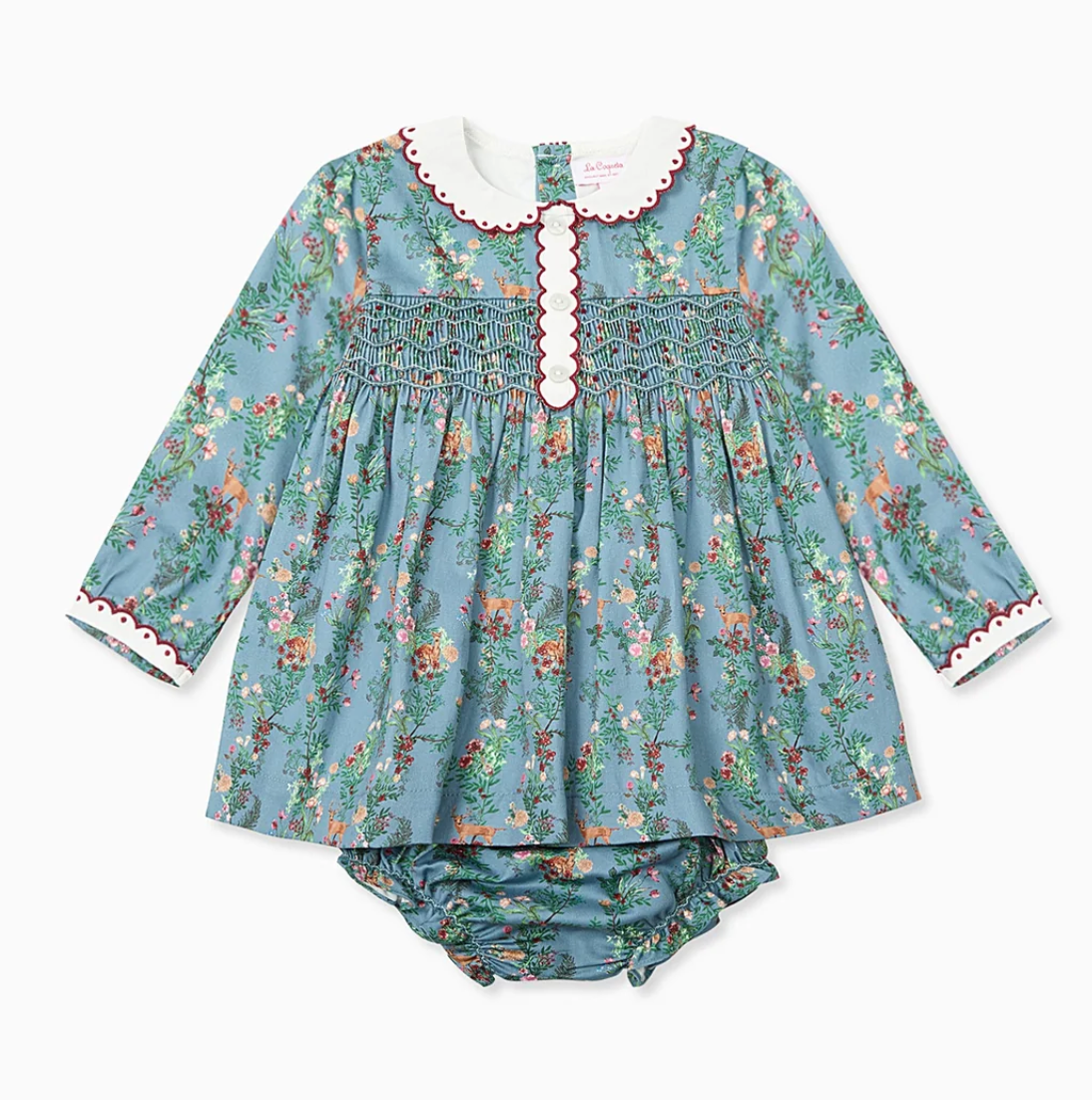 La Coqueta Blue Deer Floral Noelia Baby Girl Hand Smocked Set